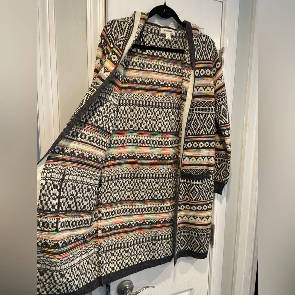 Monteau Size M Neon Stripe Black Cream Aztec Knit Open Front Hooded Cardigan